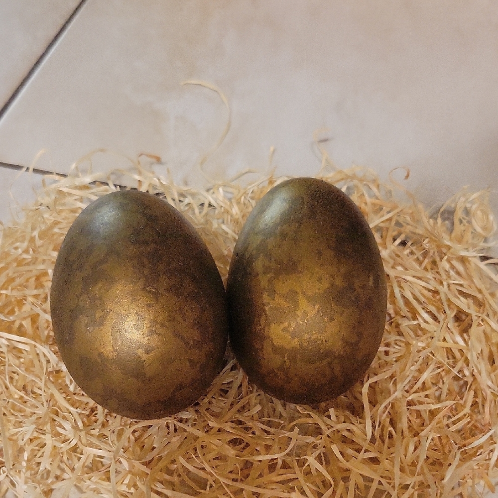Set Of 2 Large Bronze Handpainted Pottery Eggs